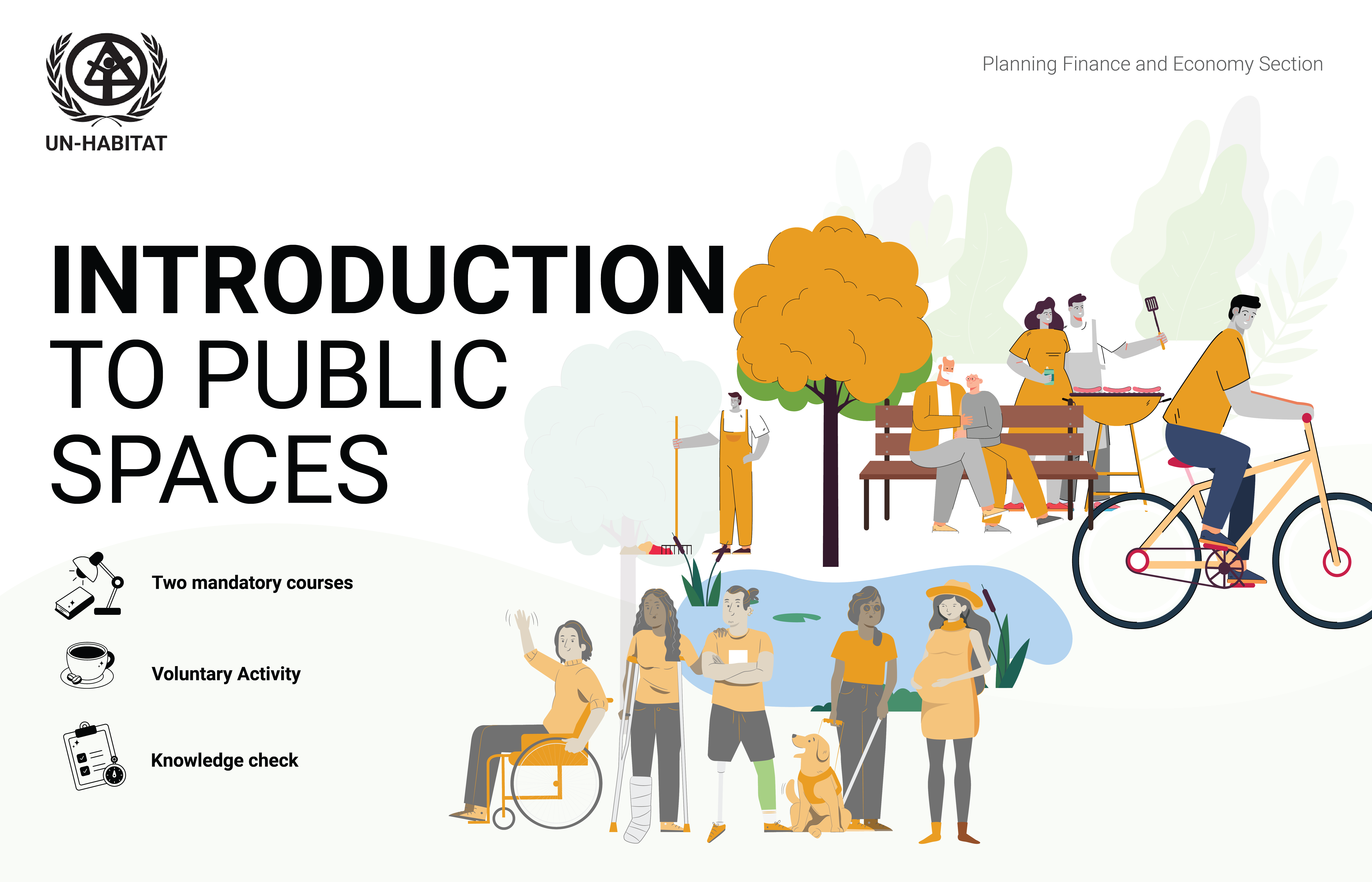 This is an introductory illustration for the Introduction of Public Space online learning module including Participation for Quality Public Spaces. It outlines two mandatory courses, optional activities, a bibliography of resources, and a final knowledge check.